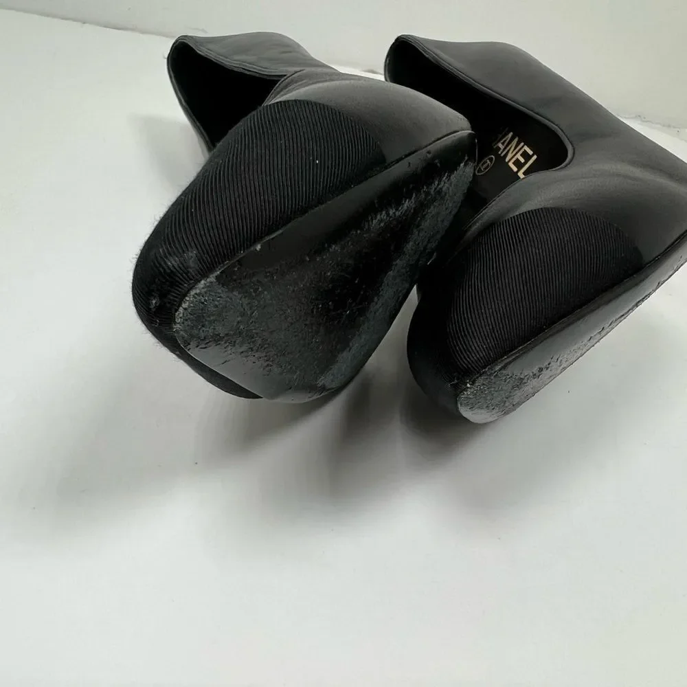 CHANEL Lambskin Grosgrain Cap Toe Pearl Pumps 39.5 Black